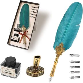 FOSA Retro Feather Pens, Classical Fountain Pen, Old European Style Feather Dip Creative Writing Pen Ink Bottle Set Gift Box, Feather Dip Pen with 5pcs Replacement Nib, INK BOTTLE WITHOUT INK