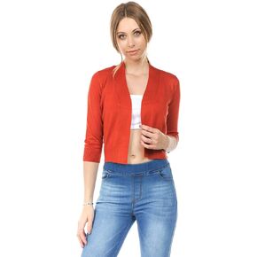 Cielo Women's Soft Solid Colored Open Front 3/4 Sleeve Cardigan Rust Large
