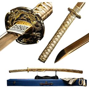 Mini Katana - Full Sized Katana, Sharpened 1060 Carbon Steel Blade - Full Tang - Scabbard, Stand, Dust Bag, and Hard Case Included - for Light Cutting, Practice, and Display