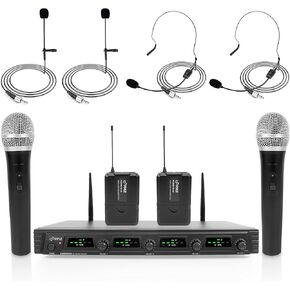 Pyle 4 Channel Wireless Microphone System - Portable UHF Audio Mic Set with 2 Handheld, 2 Headset, 2 Lavalier Mics, 2 Transmitter, 8 'AA' Battery, Power Adapter - For Karaoke, PA, DJ - Pyle PDWM4540