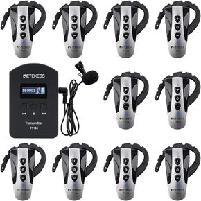 Retekess TT106 Tour Guide Headsets, Tour Guide Microphone and Speaker,150m/492ft Long Range, Lightweight,Wireless Ear Hook Receiver for Travel Groups,Church,School (1 Transmitter and 10 Receivers)