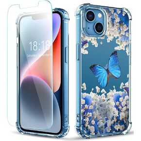 Flower Designed for iPhone 13 Case[with Screen Protector], Floral Clear Women Phone Case Shockproof Protective Soft TPU Bumper Cover 6.1 Inch 2021