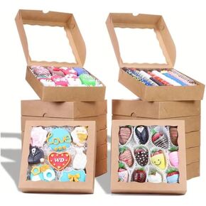 15 pcs 8x8x2 Inches Brown Bakery Boxes with Window Cookies Boxes Chocolate Covered Strawberries Boxes Pretzel Boxes Cakesicle Browines Boxes for Christmas