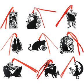 yueton Pack of 9 Creative Black Cat Metal Bookmark with Red Strap