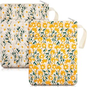 2 Pcs 12''x9'' Daisy Embroidered Book Sleeve with Handle and Zipper Book Protector for Paperback and Hardcover, Book Lovers Gift Book Sleeve Pouch for Reader Women Teen