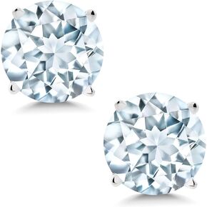 Gem Stone King 14K White Gold Sky Blue Aquamarine Stud Earrings For Women (1.50 Cttw, Gemstone Birthstone, Round 6MM)