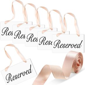 Blulu 6 Pieces Reserved Signs for Wedding Wood Chair Reserved Signs White Hanging Seating Signs Wedding Chair Handmade Signage with 1 Roll Light Coffee Color Ribbon for Wedding and Restaurant