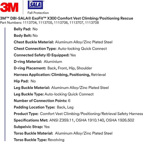3M 1113704 DBI-SALA ExoFit X300 Climbing/Positioning/Rescue Safety Harness Fall Protection, OSHA, ANSI, Back, Hip, Front, and Shoulder D-Rings, Auto-Locking Quick Connect Leg and Chest Buckles, Small in Saudi Arabia