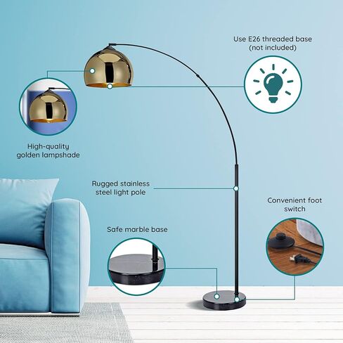 NW Archiology Arc Floor Lamp, 67" Height Gold Floor Lamp with Floor Switch and Stable Marble Base, The Unique Curved Design is Ideal for Living Room Reading Bedroom Home Office in Saudi Arabia