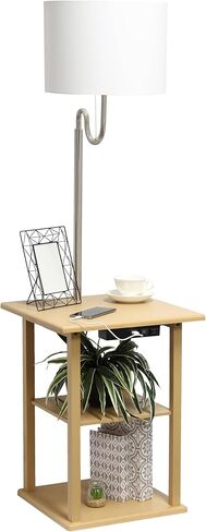 Simple Designs LF2016-BLK 57" Modern 2 Tier End Table Floor Lamp Combination with 2 x USB Charging Ports & Power Outlet with White Drum Fabric Shade for Bedroom, Living Room, Office, Black in Kuwait