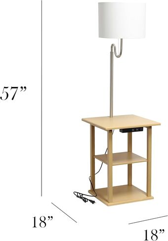 Simple Designs LF2016-BLK 57" Modern 2 Tier End Table Floor Lamp Combination with 2 x USB Charging Ports & Power Outlet with White Drum Fabric Shade for Bedroom, Living Room, Office, Black in Kuwait