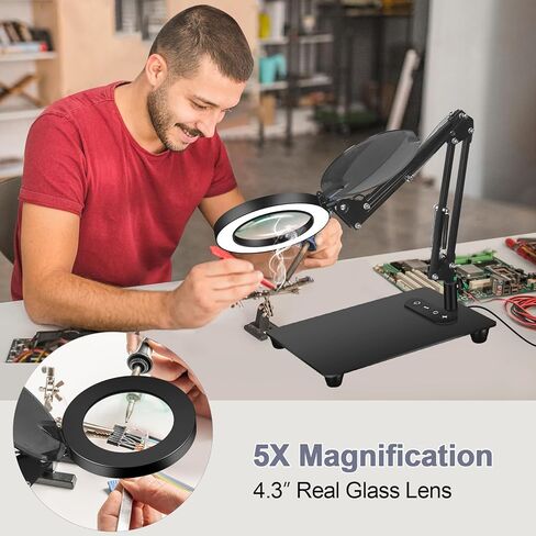 Magnifying Glass with Light with Base Controler, 5 Color Modes Stepless Dimmable LED Lighted Desk Lamp,Magnifying Glass with Light and Stand, Hands-Free Desk Magnifier Light for Craft Hobby Painting in Kuwait