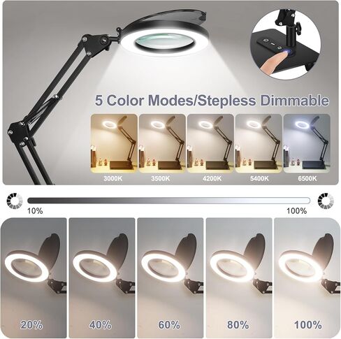 Magnifying Glass with Light with Base Controler, 5 Color Modes Stepless Dimmable LED Lighted Desk Lamp,Magnifying Glass with Light and Stand, Hands-Free Desk Magnifier Light for Craft Hobby Painting in Kuwait