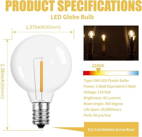 Multicolor G40 Replacement Light Bulbs for Christmas Lights, E12/C7 Candelabra Base,1 Watt Shatterproof LED Globe Light Bulbs, Multi-Color: Red/Green/Blue/Orange/Yellow in Saudi Arabia
