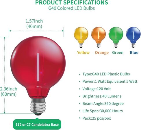 Multicolor G40 Replacement Light Bulbs for Christmas Lights, E12/C7 Candelabra Base,1 Watt Shatterproof LED Globe Light Bulbs, Multi-Color: Red/Green/Blue/Orange/Yellow in Saudi Arabia
