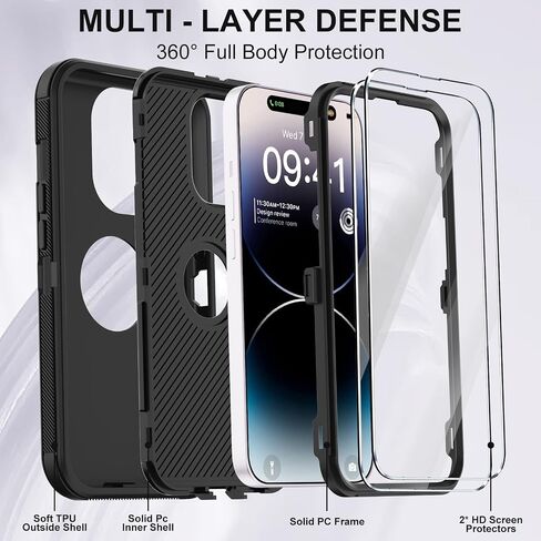 حافظة Annymall لهاتف iPhone 14 Pro Max مع واقي شاشة، هيكل كامل مقاوم للصدمات وحماية من السقوط ومقاوم للغبار وشديد التحمل من 3 طبقات غطاء متين عسكري لهاتف Apple iPhone 14 Pro Max 6.7 بوصة (أسود) in Kuwait