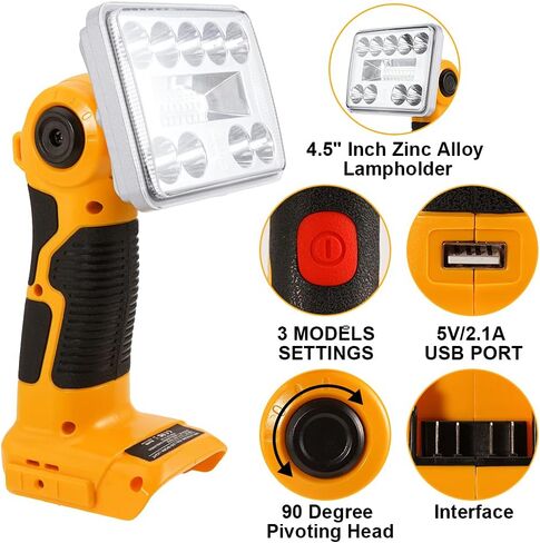 Hipoke 18W Dewalt Light Powered by Dewalt 20V Max Lithium-ion Batteries, 2000LM Flashlight Spotlight with USB Port, LED Work Light 110 Degree Pivoting Head Zinc Alloy… in Saudi Arabia