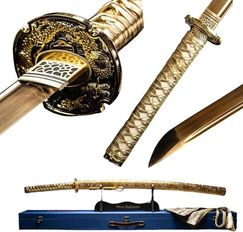Mini Katana - Full Sized Katana, Sharpened 1060 Carbon Steel Blade - Full Tang - Scabbard, Stand, Dust Bag, and Hard Case Included - for Light Cutting, Practice, and Display in Saudi Arabia