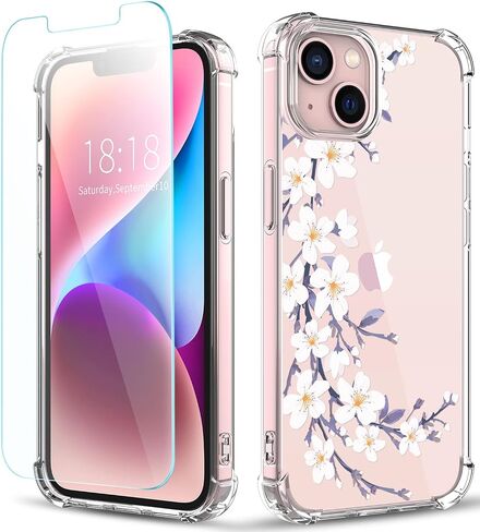Flower Designed for iPhone 13 Case[with Screen Protector], Floral Clear Women Phone Case Shockproof Protective Soft TPU Bumper Cover 6.1 Inch 2021 in Saudi Arabia