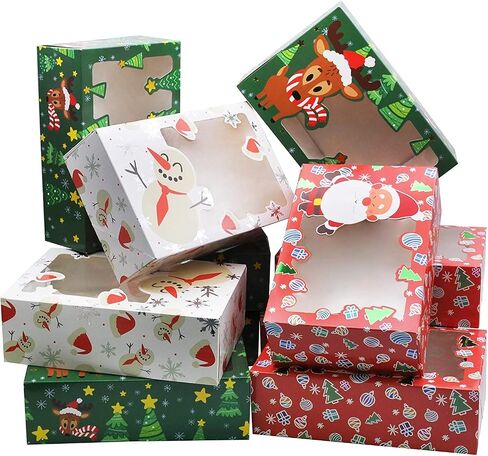 JOYIN 24 PCS Christmas Foil Treats Cookie Gift Box (8.75" x 5.75" x 2.75") Colorful Pattern with Window for Pastries, Cupcakes, Cookies, Brownies, Donuts Gift-Giving in Saudi Arabia