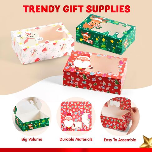 JOYIN 24 PCS Christmas Foil Treats Cookie Gift Box (8.75" x 5.75" x 2.75") Colorful Pattern with Window for Pastries, Cupcakes, Cookies, Brownies, Donuts Gift-Giving in Saudi Arabia