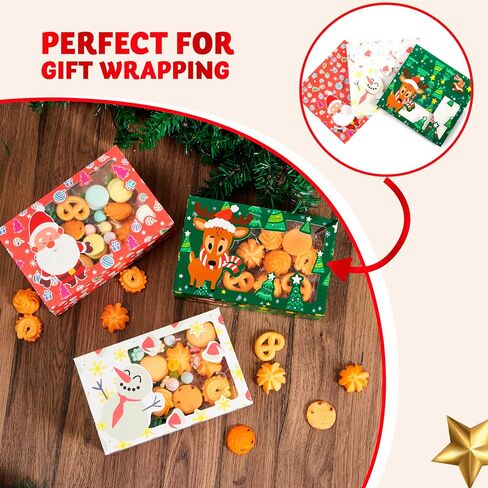 JOYIN 24 PCS Christmas Foil Treats Cookie Gift Box (8.75" x 5.75" x 2.75") Colorful Pattern with Window for Pastries, Cupcakes, Cookies, Brownies, Donuts Gift-Giving in Saudi Arabia