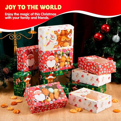 JOYIN 24 PCS Christmas Foil Treats Cookie Gift Box (8.75" x 5.75" x 2.75") Colorful Pattern with Window for Pastries, Cupcakes, Cookies, Brownies, Donuts Gift-Giving in Saudi Arabia