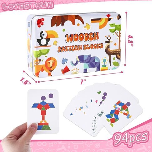 LovesTown 34 قطعة و60 بطاقة مكعبات خشبية، ألغاز ذات شكل خشبي مفتوح، لعبة تعليم مونتيسوري لمرحلة ما قبل المدرسة، لغز على شكل تانجرام للأطفال الصغار in Saudi Arabia