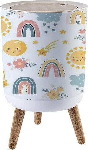 Small Trash Can with Lid Boho Rainbow Pastel spring kids clipart set moon and sun baby design Garbage Bin Round Waste Bin Press Cover Dog Proof Wastebasket for Kitchen Bathroom Living Room 1.8 Gallon in Saudi Arabia