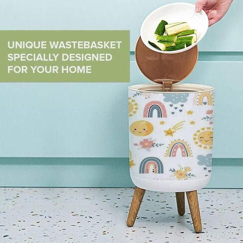 Small Trash Can with Lid Boho Rainbow Pastel spring kids clipart set moon and sun baby design Garbage Bin Round Waste Bin Press Cover Dog Proof Wastebasket for Kitchen Bathroom Living Room 1.8 Gallon in Saudi Arabia