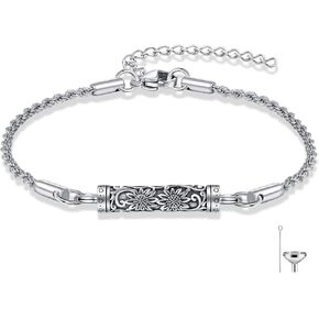 ONEFINITY Sunflower Urn Bracelet For Ashes 925 Sterling Silver Bar Sunflower Cremation Jewelry For Ashes Keepsake Pendant Locket Bracelet For Women Men