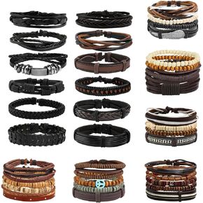MILAKOO 38 Pcs Black & Brown Braided Leather Bracelets Vintage Retro Boho Style Cuff Wrap Wristband with Wooden Bead Stretchy Bracelets for Wome Men Classical PU Adjustable Bracelets