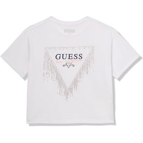 GUESS Girls' Organic Cotton Short Sleeve Rhinestone Triangle Logo Shirt