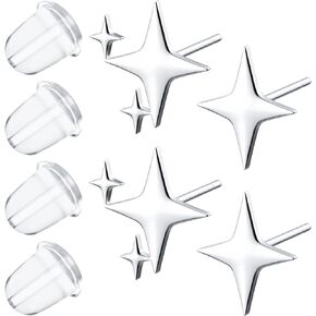 Silver Star Earrings Studs for Girls Women 4 pairs, Four-pointed Small Stars Silver Stud Earrings, Cute Tiny Starburst Earrings Jewelry for Valentine's Day Gifts