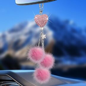 Pink Bling Car Accessories Interior for Women - Girly Crystal Car Rearview Mirror Decor, Cute Car Hanging Ornament Accessories Para Carro de Mujer, Rhinestones Diamond Love Heart, [Fuzzy Plush Ball]