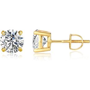 14K Gold Moissanite Stud Earrings: Real 14 Carat Solid Yellow Gold Pure - Hypoallergenic Solitaire Round Screw Back Simulated Diamond Studs Earrings for Sensitive Ears for Men Women