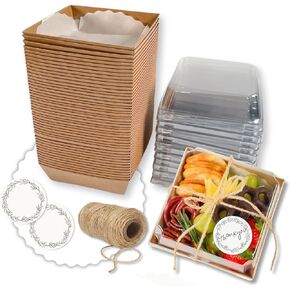 Small Charcuterie Box Set with Clear Lids, Brown, 50 ct, 5 inch x 5 inch, Disposable, Wedding, Dessert, Bakery, Cake, Cookies, Chocolates, Treats, Sandwich, Sushi, Strawberries, Vegetables, Gift