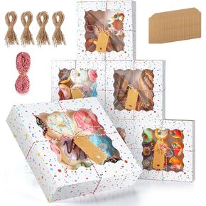 24 Pcs Kraft Paper Bakery Box with Window Rainbow Polka Dot Cookie Box with Window for Treat and Pastry, 10 x 10 x 2.5 Inch Pattern Bakery Box for Birthday Gift Chocolate Dessert Donut Cake
