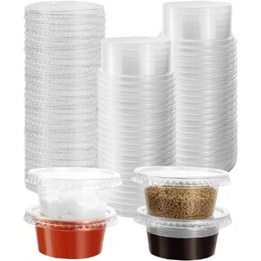 Plastic Portion Cups With Lids Clear Disposable Portion Cups with Leakproof Lids Jello Shot Cups Dressing Sauce Condiment Dipping Sauce Cups Snack Souffle and Salsa Cups [3 OZ, 50 Sets]