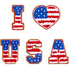 5 PCS I Love USA Chenille Letter Patches, 4th of July Patriotic Embroidered Patches, National Memorial Day Iron on Patches with American Flag Pattern for Hats, Jeans, Clothes, Bags, DIY Craft
