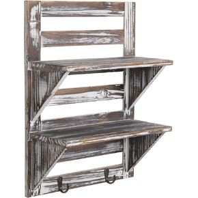 MyGift 2 Tier Wall Mounted Rustic Torched Wood Entryway Shelf with Key Hooks, Decorative Wooden Bathroom Shelving for Toiletries, Hand Towels, Plant Display