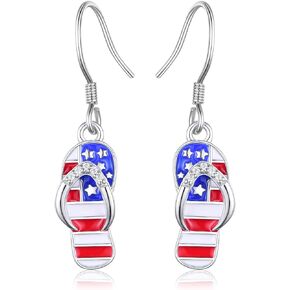 American Flag Earrings 925 Sterling Silver Flip Flops 4th of July American Flag Dangle Drop Earrings Patriotic Jewelry Independence Day Gifts for Women Girls