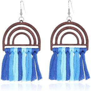 Colorful Rainbow Wooden Tassel Dangle Earrings Bohemian Hand-Knit Earrings Handmade Exaggeration Weaving Ethnic Tassel Pendant Earrings for Women Teen Girls Vintage Jewelry