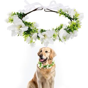 Dog Wedding Flower Collar Dog Wedding Attire Wreath Bow, Floral Garland Collar Dog Flower Crown Pet Flower Ring Wedding Attire for Photo Props (White, Large)