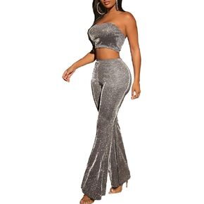 WDIRARA Women's 2 Piece Outfit Glitter Crop Bandeau Tube Top and Flare Leg Party Pants Set Silver Medium