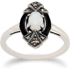 Gemondo 925 Sterling Silver Opal & Marcasite Art Deco Ring