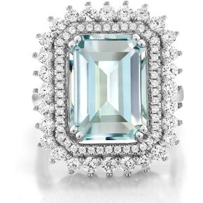Gem Stone King 925 Sterling Silver Sky Blue Simulated Aquamarine Ring For Women (7.24 Cttw, Emerald Cut 14X10MM, Available In Size 5, 6, 7, 8, 9)