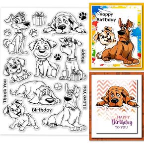 GLOBLELAND Cartoon Dog Clear Stamps for Cards Making Birthday Themed Dog Clear Stamp Seals 5.83x8.27 inch Transparent Stamps for DIY Scrapbooking Photo Album Journal Home Decoration