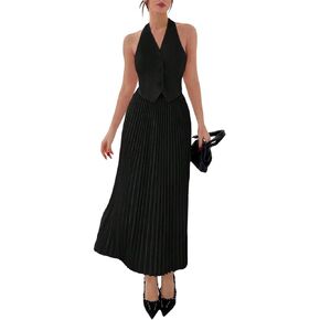WDIRARA Women's 2 Piece Set Halter Neck Backless Single Breasted Asymmetrical Hem Vest Top & Long Pleated Midi Skirt