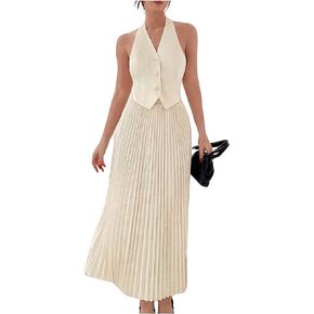 WDIRARA Women's 2 Piece Set Halter Neck Backless Single Breasted Asymmetrical Hem Vest Top & Long Pleated Midi Skirt